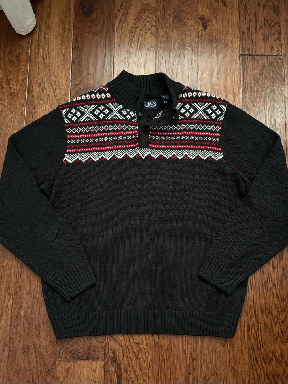 CHAPS Ralph Lauren L Ramie/Cotton Nordic Fair Isle Sweater Black Red White